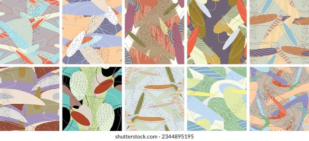 Abstract vector seamless pattern set. Organic grunge textured overlapping wavy shapes and lines. Scribbled hand drawn pastel colored background. Striped dotted leaf forms. Flat textile swatch.