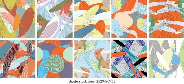 Abstract vector seamless pattern set. Organic grunge textured overlapping wavy shapes and lines. Scribbled hand drawn pastel colored background. Striped dotted leaf forms. Flat textile swatch.