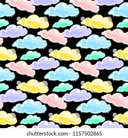 Abstract vector seamless pattern. Abstract shape, clouds in punch pastel colors and black background. Festive design with random colors, perfect for textile, texture, backgrounds 