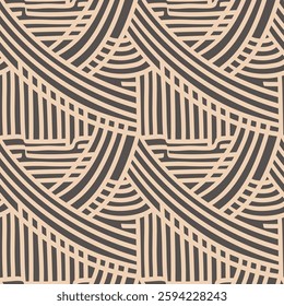 Abstract vector seamless pattern showcasing curved thick lines linear doodling. Beige lines set on brown, mocha-colored background. Suitable for textile design or general visual projects.