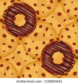 Abstract vector seamless pattern. Simple cute cookie with chocolate chips. Flat style gingerbread, oatmeal cookies. Yummy, taste, pastry, bakery design