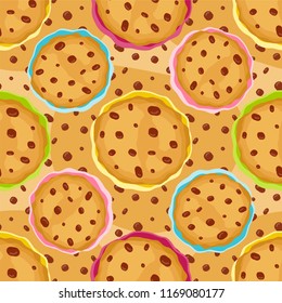 Abstract vector seamless pattern. Simple cute cookie with chocolate chips and colored icing cream. Flat style gingerbread, oatmeal cookies. Yummy, taste, pastry, bakery design