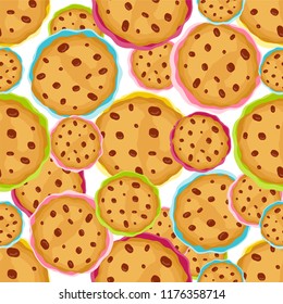 Abstract vector seamless pattern. Simple cute cookie with chocolate chips and colored icing cream. Flat style gingerbread, oatmeal cookies. Yummy, taste, pastry, bakery design