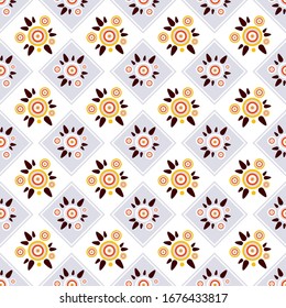 Abstract vector seamless pattern. Simple design. Little cute round geometric  tea flowers with leaves on squared abstract background. Bright random colors, perfect for textile, fabric, wallpaper