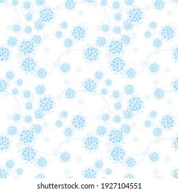 Abstract vector seamless pattern. Simple texture with floral silhouettes, dots, small circles, confetti. Subtle minimal background in light blue and white colors. Repeat design for decor, wallpapers