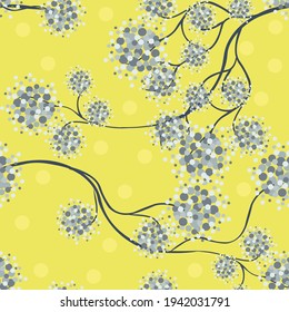 Abstract vector seamless pattern. Simple texture with floral silhouettes, dots, small circles, confetti. Stylish background in lime green and gray color. Repeat design for decoration, fabric, wrapping