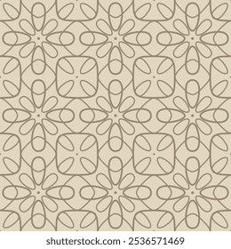 Abstract vector seamless pattern. Simple floral geometric ornament. Retro vintage style background texture with thin curved lines, flower silhouettes, grid, lattice. Brown and beige color geo design