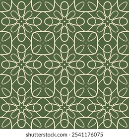 Abstract vector seamless pattern. Simple floral geometric ornament. Retro vintage style background texture with thin curved lines, flower silhouettes, grid, lattice. Green and beige color. Geo design