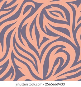 Abstract vector seamless pattern. Simple minimal swirled wavy pink lines on purple background. Classic smooth shapes repeat design for wallpaper, interior decor, textile. Colored background motif