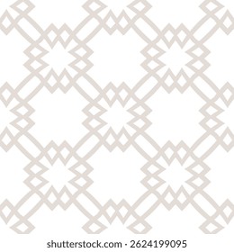 Abstract vector seamless pattern. Simple geometric ornamental texture with lines, grid lattice, floral silhouettes, tiles. Beige and white background in asian style. Subtle modern repeated geo design