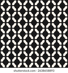 Abstract vector seamless pattern. Simple monochrome geometric ornamental texture with curved shapes, grid, mesh, lattice, net. Black and white background. Repeated geo design for decor, textile, print