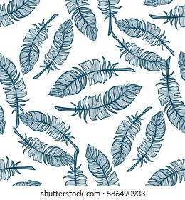 Abstract vector seamless pattern. Simple illustration of hand drawn feathers on white background.  Perfect for cotton, textile, web texture and more. Vintage design, suitable for coloring book
