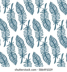 Abstract vector seamless pattern. Simple illustration of hand drawn feathers on white background.  Perfect for cotton, textile, web texture and more. Vintage design, suitable for coloring book