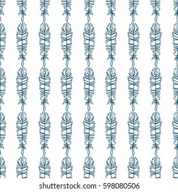 Abstract vector seamless pattern. Simple illustration of hand drawn feathers on white background.  Perfect for cotton, textile, web texture and more. Vintage design, suitable for coloring book 