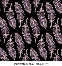 Abstract vector seamless pattern. Simple illustration of hand drawn feathers on black background.  Perfect for cotton, textile, web texture and more. Vintage design, chalkboard style 