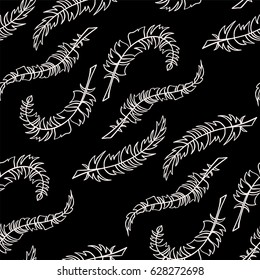 Abstract vector seamless pattern. Simple illustration of hand drawn feathers on black background.  Perfect for cotton, textile, web texture and more. Vintage design, chalkboard style 