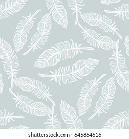 Abstract vector seamless pattern. Simple illustration of hand drawn feathers.  Perfect for cotton, textile, web texture and more. Vintage design, silver grey and white colors
