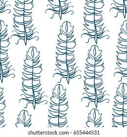 Abstract vector seamless pattern. Simple illustration of hand drawn feathers on white background.  Perfect for cotton, textile, web texture and more. Vintage design, suitable for coloring book