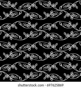 Abstract vector seamless pattern. Simple illustration of hand drawn herbal on black background. Flourish texture, chalkboard style background. Perfect for cotton, textile, web texture and more