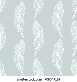 Abstract vector seamless pattern. Simple illustration of hand drawn feathers.  Perfect for cotton, textile, web texture and more. Vintage design, silver grey and white colors