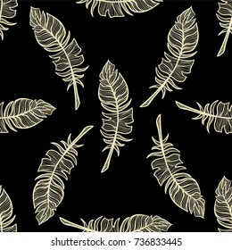 Abstract vector seamless pattern. Simple illustration of hand drawn feathers on black background.  Perfect for cotton, textile, web texture and more. Vintage design, chalkboard style