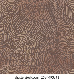 Abstract vector seamless pattern with simplified curved doodled lines and geometric elements in monochromatic beige hues. Showcasing organic swirls and multilayered mixture of soft and sharp lines.