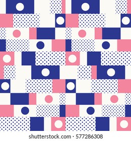 Abstract vector seamless pattern with squares, circles and dots. Blue, pink and white colors.