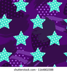 Abstract vector seamless pattern with stars of green color, dots, paint smears on purple backdrop. Creative wallpaper for textile and fabric, wrapping paper, design of banner, cover, print on clothes.
