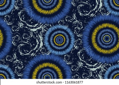 Abstract vector seamless pattern in the style of impressionism. Circles and spirals on dark blue background. Creative template for the design of fabrics, posters, postcards, interior decoration.