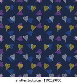 Abstract vector seamless pattern with stylized bright hearts. Graphic yellow, white, purple and indigo ornaments.