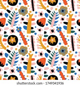 Abstract vector seamless pattern with stylized flowers and berries. Stylish minimalistic background.