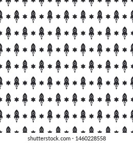 Abstract vector seamless pattern symbolic simplified space rocket silhouette. Simplified hipsters ornament. Background trendy decoration texture. Monochrome vector illustration, wrapping gift paper.