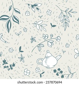 abstract vector seamless pattern with teapot and floral elements