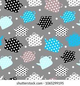 Abstract vector seamless pattern with teapots and little hearts
