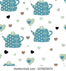 Abstract vector seamless pattern with teapots and little hearts
