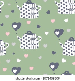 Abstract vector seamless pattern with teapots and little hearts