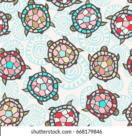 Abstract vector seamless pattern with turtles painted by brush. Doodle illustration. Blue hand  drawn  background