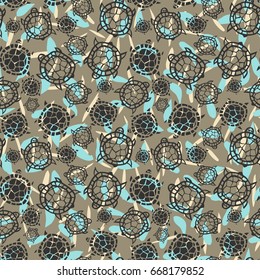 Abstract vector seamless pattern with turtles painted by brush. Doodle illustration. Hand  drawn  background