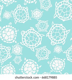 Abstract vector seamless pattern with turtles painted by brush. Doodle illustration. Blue hand  drawn  background
