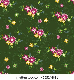 Abstract vector seamless pattern of twisted tendrils with leaves and flowers on dark green background. For textile, book covers, manufacturing, fabric, cloth design, wallpapers, print.