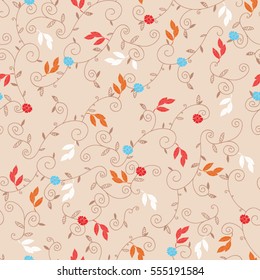 Abstract vector seamless pattern of  twisted tendrils with leaves and flowers. Background for textile, book covers, manufacturing, fabric, cloth design, wallpapers, print