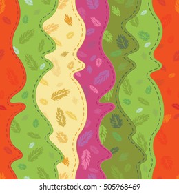 Abstract vector seamless pattern of vertical wavy lines with autumn leaves. Green, orange, yellow, dusty pink colors. For fabric, cloth design, wallpaper, printing