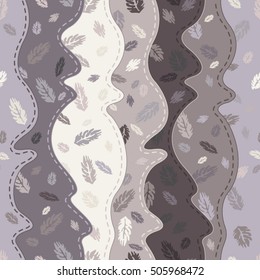 Abstract vector seamless pattern of vertical wavy lines with autumn leaves. Different shades of gray color. For fabric, cloth design, wallpaper, printing