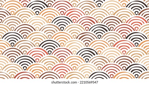 Abstract vector seamless pattern with waves in shades of beige. The repeating shape of fish scales is like a tile. Endless monochrome background for printing.	