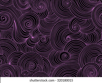 Abstract vector seamless pattern with wavy curling purple lines on black background