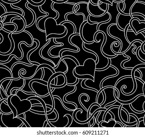 Abstract vector seamless pattern with wavy curling lines and hearts. Decorative endless texture. You can use any color of background or foreground