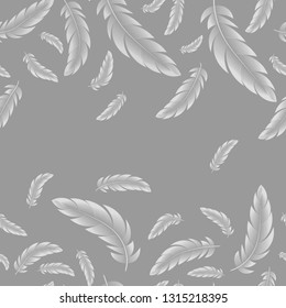 abstract Vector seamless pattern, white feathers on gray background.
