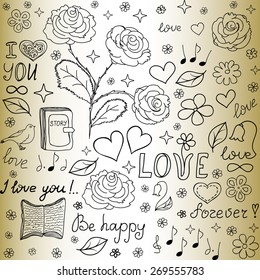 Abstract vector seamless pattern with the words of love, roses, books, flowers and hearts, "handwritten on the old paper"
