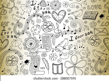 Abstract vector seamless pattern with words of love, books, music notes, flowers and figured hearts, "handwritten on the old paper". Decorative endless texture