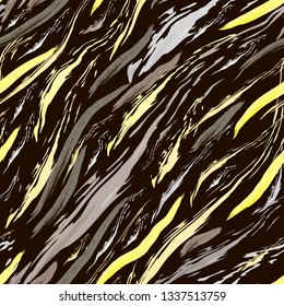 Abstract Vector Seamless Pattern. Yellow And Gray Brushstroke On Black Background. Template For Design, Textile, Wallpaper, Wrapping, Carpet, Carton, Print, Banner, Ceramic Tile.